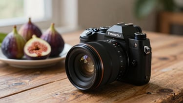 A close-up of a high-end camera lens resting on a rustic wooden table next to a plate of fresh figs