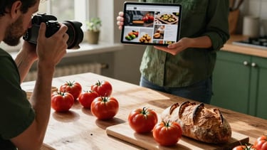 A cozy behind-the-scenes photography workshop in a Northern European culinary studio. A professional photographer is arranging a flat-lay photo of fresh heirloom tomatoes and artisanal sourdough bread on a rustic wooden table. Soft warm natural light streams through a large window, creating a high-contrast aesthetic. In the background, a digital marketing consultant holds a tablet displaying a food brand's social media feed. Sophisticated styling with deep crimson accents and matte forest green elements.
