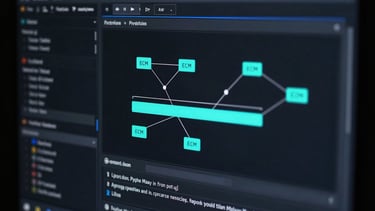 Dark Maya viewport close-up, tight crop on a Python tool UI panel with node graph connections and cyan-highlighted constraint controls, deep black background with blue rim light casting sharp edges on the interface geometry