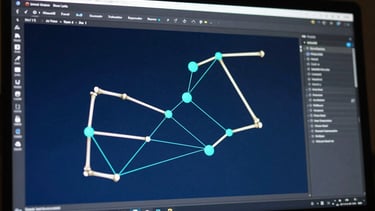 Unreal Engine Blueprint editor screenshot with retargeting node graph visible, cyan accent lines tracing bone chain connections, dark editor chrome, controlled geometry space lighting with blue volumetric ambient