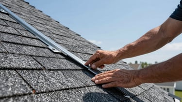 A close-up photograph of a professional roofer's hands inspecting dark gray asphalt shingles on a North American suburban house roof, clear blue sky in the background, sharp focus, professional industrial style with clean steel blue and dark gray tones.
