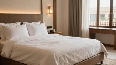 A luxurious bedroom interior in a Middle Eastern / Saudi Arabian boutique hotel, with pearl beige linens and medium brown wooden furniture, very serene atmosphere.