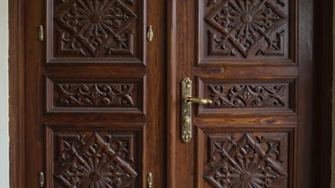 A detailed shot of hand-carved dark brown wooden doors in a Middle Eastern / Saudi Arabian style, symbolizing the high quality and craftsmanship of the hotel.