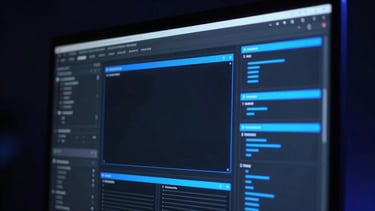 Dramatic close-up of custom UI wireframes on a high-end display, electric blue neon highlights, dark ambient background, sharp focus