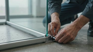 Close-up detail of two technicians' hands aligning a glass divider panel into a floor channel in a corporate office, soft overcast window light from the left, polished concrete floor visible below, clean metal trim on the divider joint in focus, no faces visible