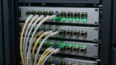 Clean server rack with neatly organized CAT6 data cables and communication connectors, blinking green indicator lights.