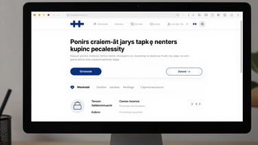 Wide tight crop of a Finnish e-commerce product page displayed on a monitor, showing a clean checkout UI with Finnish copy, photographed straight-on under diffused studio light with shallow depth of field