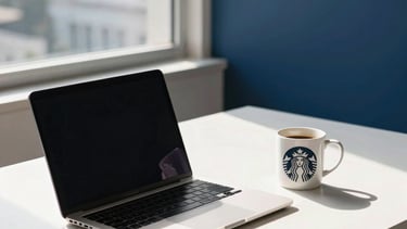 A modern South American Brazilian office workspace in São Paulo, minimalist desk with a clean laptop and a designer coffee mug, natural sunlight streaming through a window, palette featuring navy blue and off-white tones, professional and focused atmosphere.