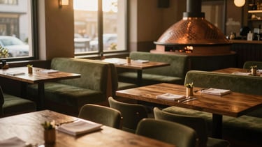 Cinematic wide-angle shot of the Watan Bakery dining room, soft golden-hour light streaming through windows, elegant wooden tables, olive green banquettes, empty and peaceful, 35mm