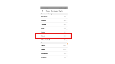 Mobile app screen showing a list of country codes with Nigeria and its +234 prefix highlighted