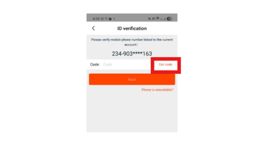 Mobile app ID verification screen showing phone number masking and a red Get code button