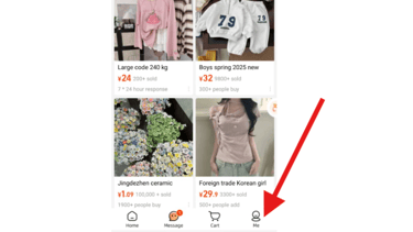 A mobile e-commerce app interface showing product listings and navigation bar with a red arrow pointing to the profile icon