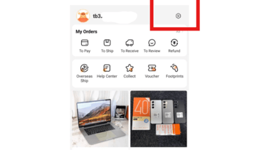 E-commerce app profile settings icon highlighted with a red box above the my orders dashboard section