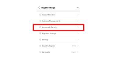 Screenshot of mobile buyer settings menu with Account & Security highlighted in a red box
