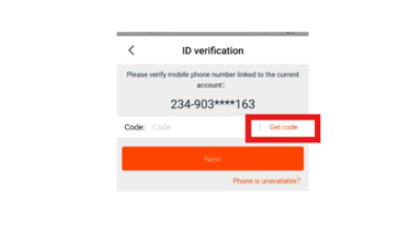 ID verification screen showing a mobile phone number field with a Get Code button highlighted in red