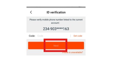 Screenshot of an ID verification screen showing mobile phone number verification and a next button
