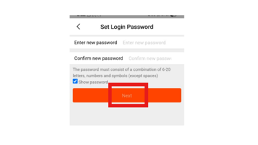Screenshot of a mobile app screen to set login password with an orange next button highlighted