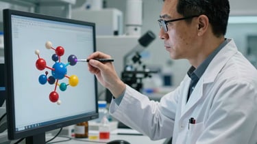 Professional portrait of a scientist in a North American research facility, wearing clinical attire, observing a complex 3D molecular model on a high-resolution display.