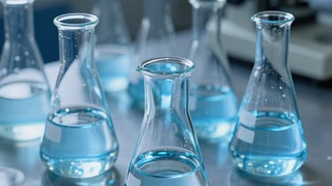 A series of laboratory flasks filled with clear solutions, illuminated by soft blue light, organized with geometric precision on a grey metal surface.