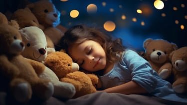 Illustration showing a child sleeping peacefully with dream imagery representing nightmares and nighttime thoughts.
