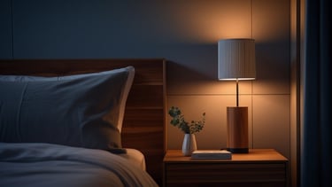 Soft bedside lighting and a tidy bedroom creating a calm space for a relaxing night routine.