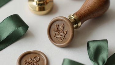 Detailed shot of custom wax seals and silk ribbons in forest green and tan tones, used for high-end wedding stationery, soft atmospheric lighting.