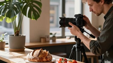 A professional photography shot of a cozy Scandinavian-style cafe interior in Copenhagen. A content creator is seen from the side, focused on adjusting a camera on a tripod to photograph a rustic sourdough bread and fresh heirloom tomatoes on a wooden counter. Warm morning sunlight filters through large windows, highlighting the Deep Ripe Crimson color of the tomatoes and the Matte Forest Green of a potted plant nearby.