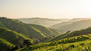 Wide panoramic shot of the green Lonavala valleys at sunrise, soft golden light illuminating the mist-shrouded hills, editorial travel style