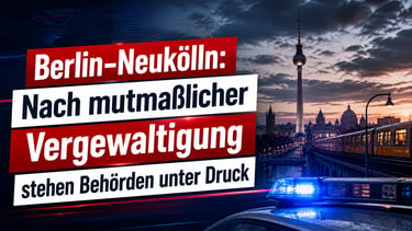 Police car lights at night in Berlin near the TV Tower with headline text about an investigation.