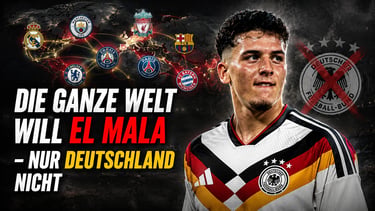 Young football talent El Mala in a Germany jersey surrounded by top European club logos and a world map.