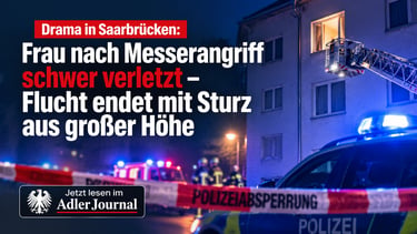 Einsatz von Polizei und Feuerwehr bei Nacht in Saarbrücken mit einer Drehleiter an einem Wohnungsfen