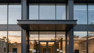 A professional architectural photography shot of a modern, clean commercial building entrance in a Central European city at sunset. The soft warm lighting reflects off glass surfaces, conveying a sense of 25 years of excellence and reliability in building services. Deep navy blue accents are visible in the distance.