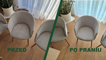 Tapicerowane krzesła w jadalni. Przed i po praniu. Całkowiecie usunięte plamy.