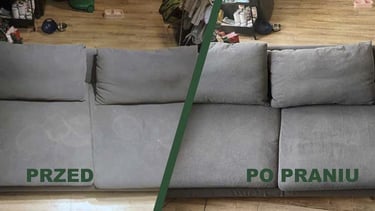 Zdjęcie typu befote-after Zasikana przez pieskki kanapa przed i po praniu odkurzaczem piorącym