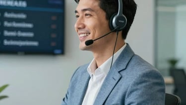 A high-end professional office space in Brazil with clean lines, featuring a Sul-Americano / Brasileiro professional in a soft blue blazer using a modern VOIP headset while smiling, blurred real estate listings on a screen in the background, soft morning lighting, corporate and efficient mood with light grey and dark green-blue tones.