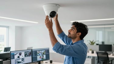 A high-angle professional photograph of a modern tech office in a South Asian / Indian city. A professional technician in a blue button-down shirt is adjusting a sleek, white dome CCTV camera on a ceiling. The background features a clean, bright workstation with dual monitors showing security grids. Lighting is bright and natural. Colors include Cloud White and Silver Blue.