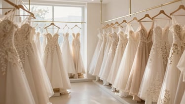 Elegant bridal photography, soft golden-hour window light, warm ivory and champagne tones, wide panoramic view of a bright, clean bridal design showroom with rolls of silk, lace samples, and finished gowns on hangers, shallow depth of field, 85mm
