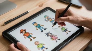 Professional photography of a developer's hands sketching game character designs on a digital tablet in a sunlit North American US workspace.
