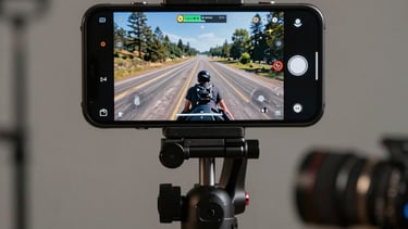 Detailed photography of a mobile device mounted on a tripod in a North American US studio, used for testing high-speed game frame rates.