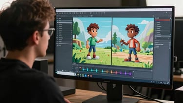 Behind-the-scenes photography of a North American US game developer working on character animations on a large monitor, soft studio lighting.