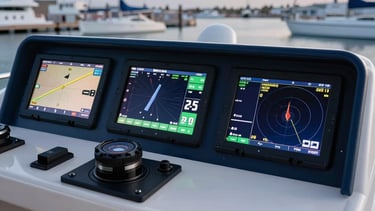 A clean, professional photograph of a premium yacht console featuring multiple high-definition marine navigation screens displaying sonar and radar data. The setting is modern and technical, with a focus on precision electronics. Soft twilight lighting in the background of a marina. Global / Maritime setting. Palette colors used: dark blue and white.