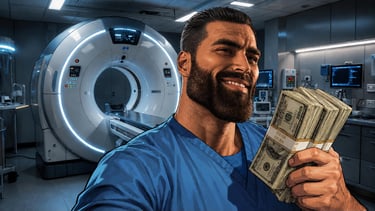 Smiling muscular doctor in blue scrubs holding cash stack in front of an MRI machine.