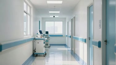 Photography of a modern and clean hospital hallway in Brazil, with bright natural light reflecting on polished floors, medical equipment in the distance, a professional and reassuring atmosphere with mist white and sky blue accents.