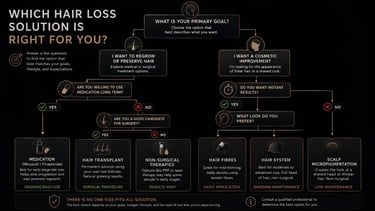 A hair loss solution flowchart comparing medication, hair transplant, non-surgical therapies, hair fibers, hair systems, and