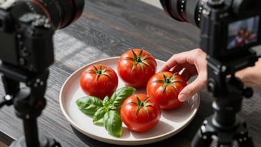 A top-down lifestyle photography shot in a bright, Scandinavian-style studio in North America. A professional content creator is arranging vibrant red heirlooom tomatoes (Deep Ripe Crimson) and fresh basil leaves (Matte Forest Green) on a Crisp Parchment colored ceramic plate. Natural morning light creates soft, high-contrast shadows on a dark charcoal wooden table. A high-end mirrorless camera on a sleek tripod is partially visible in the frame.