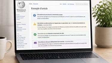 Ordinateur portable sur un bureau moderne affichant une page Wikipédia avec plusieurs bandeaux
