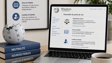 Bureau professionnel avec ordinateur affichant les règles Wikipédia