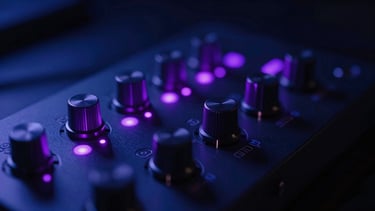 Macro shot of a high-end audio interface in a dimly lit studio, glowing purple LED indicators reflecting off metal dials, moody atmosphere, 35mm