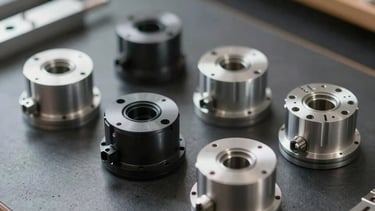 A series of custom technical components organized on a dark workbench. Professional photography with shallow depth of field.