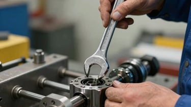 Action shot of an engineer adjusting a mechanical component with a wrench. The focus is on the metal parts and the precision of the work. Central European industrial context.